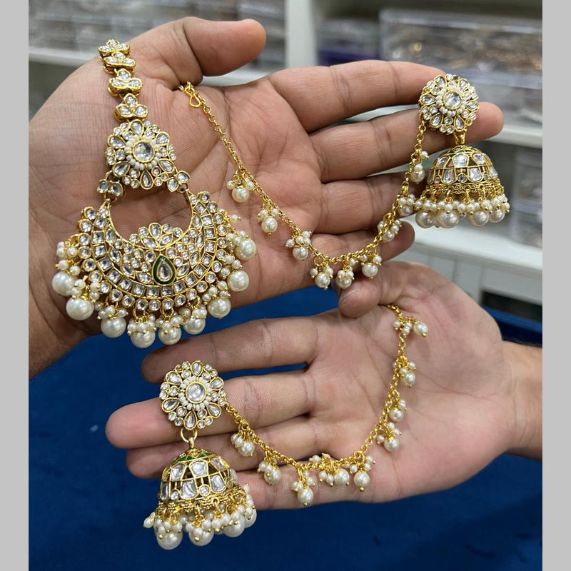 Hira Collections Gold Plated Kundan Stone And Beads Jhumki With Maangtikka