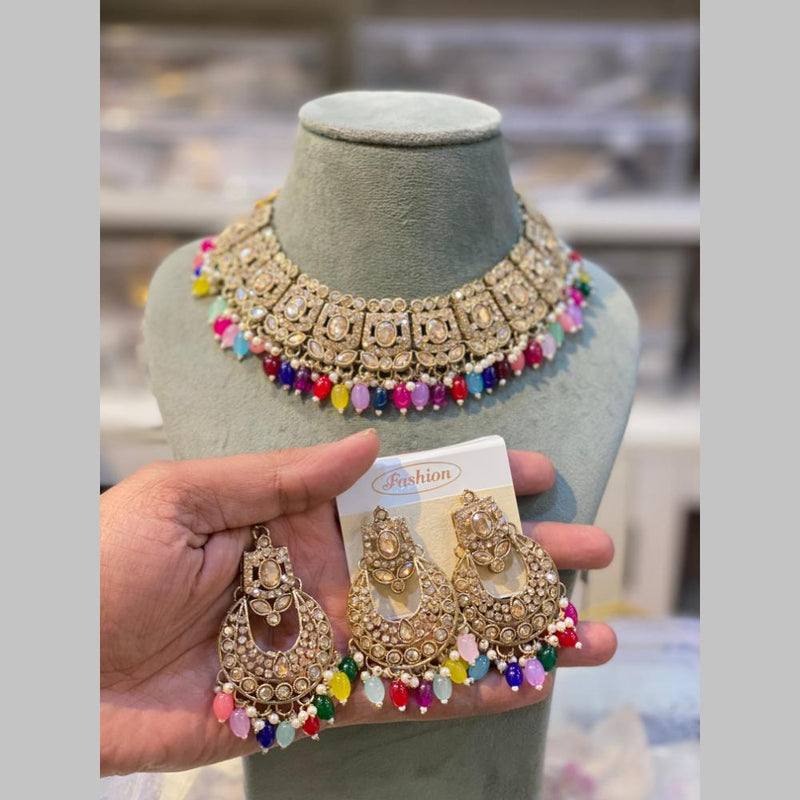 Hira Collections Gold Plated Crystal Stone And Beads Necklace Set