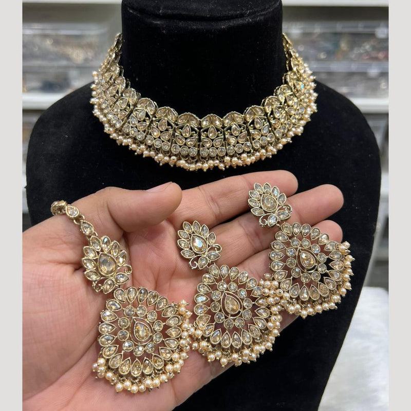 Hira Collections Gold Plated Crystal Stone And Pearls Choker Necklace Set