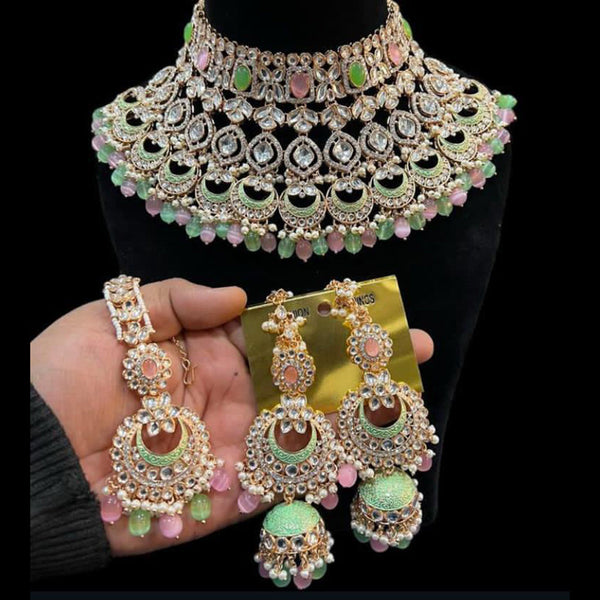 Hira Collections Gold Plated Kundan Stone And Pearls Meenakari Choker Necklace Set