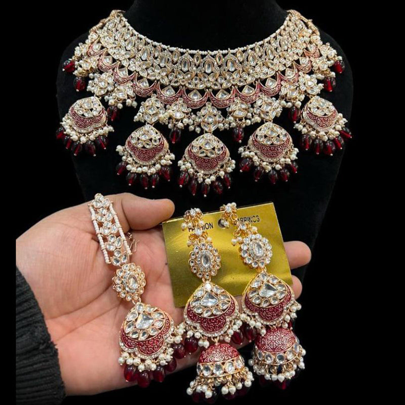 Hira Collections Gold Plated Kundan Stone And Pearls Meenakari Choker Necklace Set