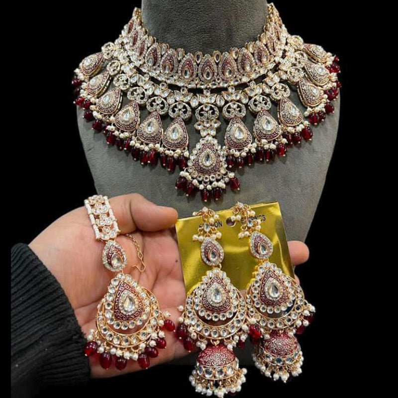 Hira Collections Gold Plated Kundan Stone And Pearls Meenakari Choker Necklace Set