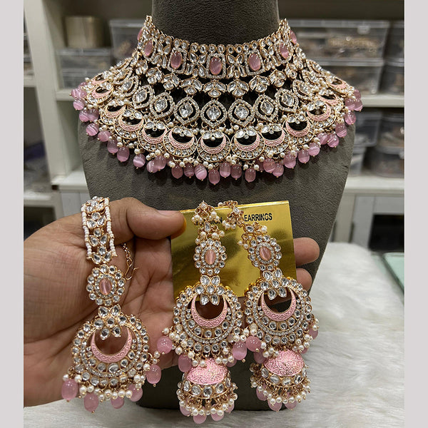 Hira Collections Gold Plated Kundan Stone And Pearls Meenakari Choker Necklace Set