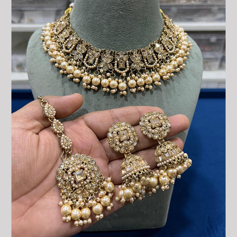 Hira Collections Gold Plated Crystal Stone And Pearls Choker Necklace Set