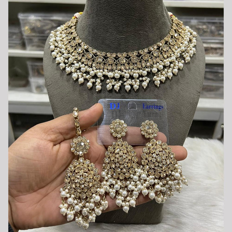 Hira Collections Gold Plated Crystal Stone And Pearls Choker Necklace Set