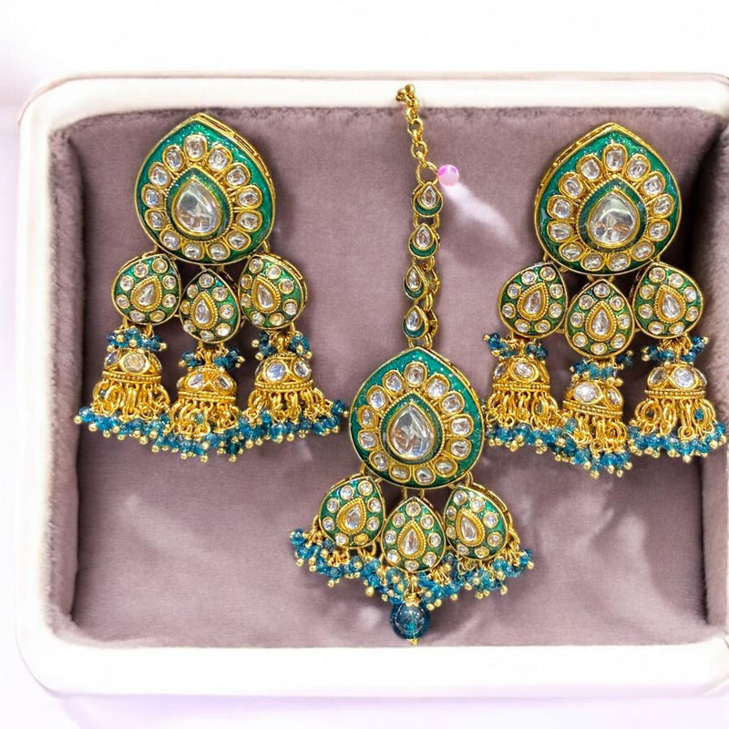 Hira Collections Gold Plated Kundan Stone And Meenakari Jhumki With Maangtikka