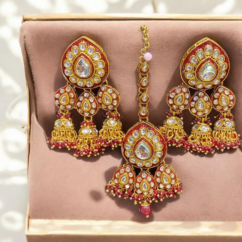 Hira Collections Gold Plated Kundan Stone And Meenakari Jhumki With Maangtikka