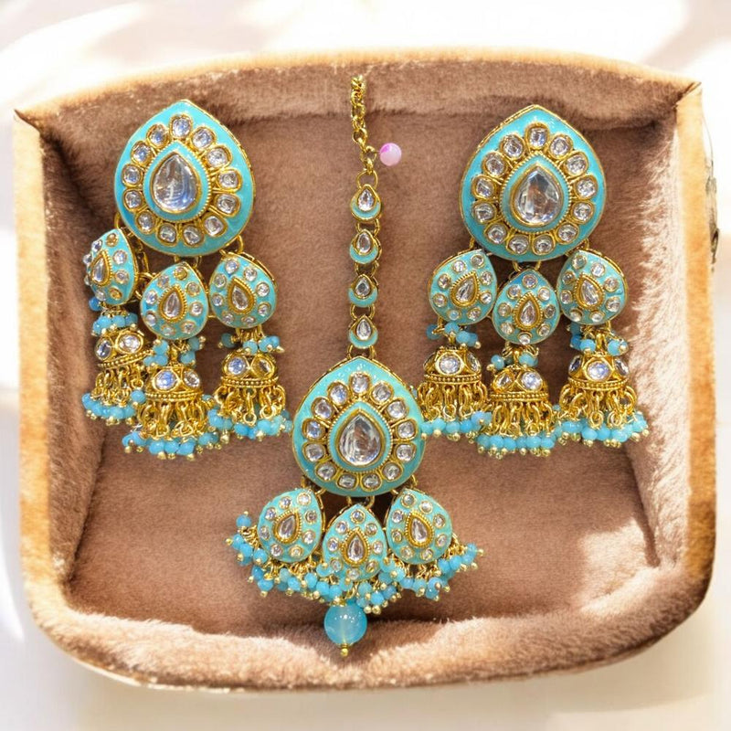 Hira Collections Gold Plated Kundan Stone And Meenakari Jhumki With Maangtikka