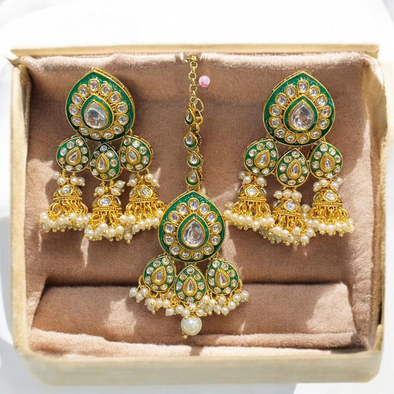 Hira Collections Gold Plated Kundan Stone And Meenakari Jhumki With Maangtikka