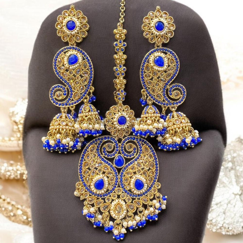 Hira Collections Gold Plated Crystal Stone And Pearls Jhumki Earrings With Maangtikka