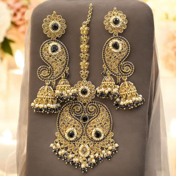 Hira Collections Gold Plated Crystal Stone And Pearls Jhumki Earrings With Maangtikka