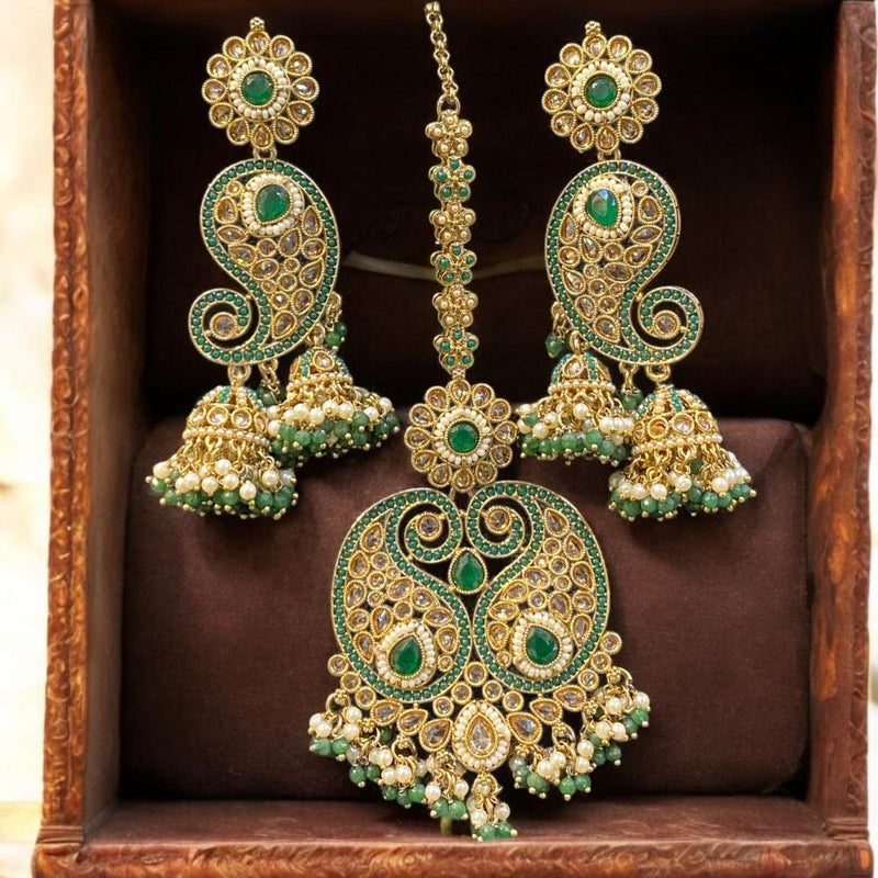 Hira Collections Gold Plated Crystal Stone And Pearls Jhumki Earrings With Maangtikka