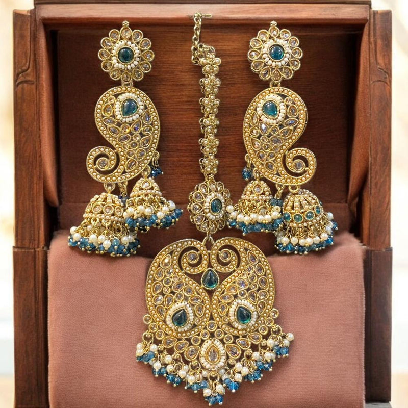 Hira Collections Gold Plated Crystal Stone And Pearls Jhumki Earrings With Maangtikka