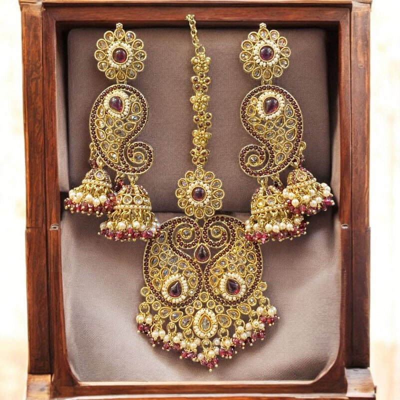 Hira Collections Gold Plated Crystal Stone And Pearls Jhumki Earrings With Maangtikka