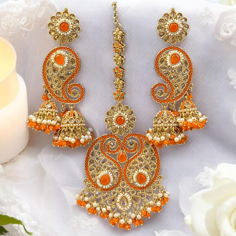 Hira Collections Gold Plated Crystal Stone And Pearls Jhumki Earrings With Maangtikka