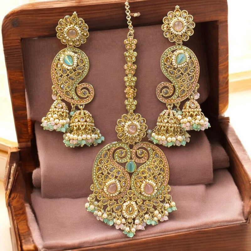 Hira Collections Gold Plated Crystal Stone And Pearls Jhumki Earrings With Maangtikka