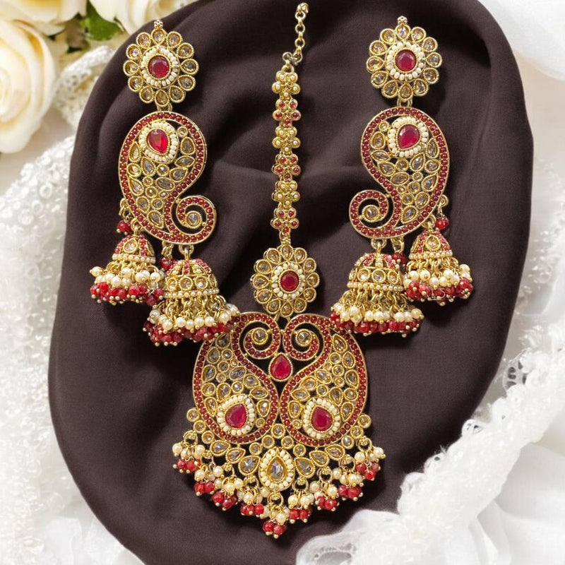 Hira Collections Gold Plated Crystal Stone And Pearls Jhumki Earrings With Maangtikka