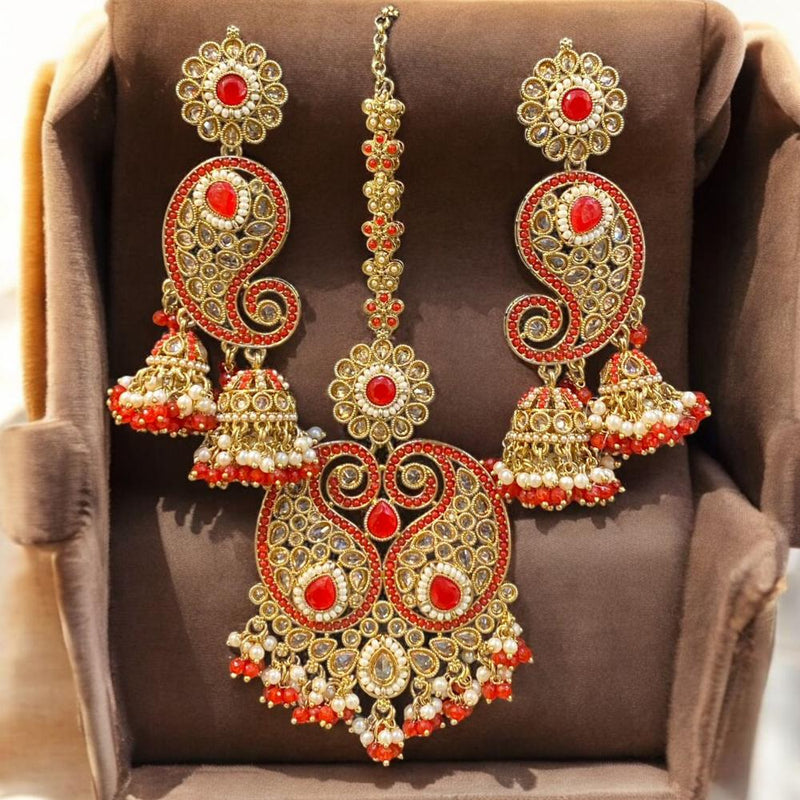 Hira Collections Gold Plated Crystal Stone And Pearls Jhumki Earrings With Maangtikka