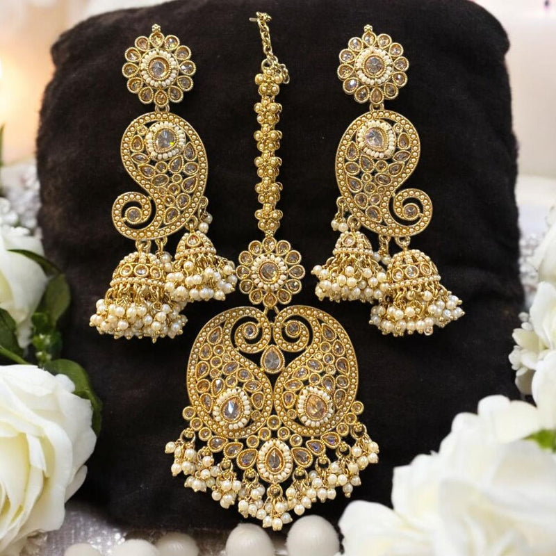 Hira Collections Gold Plated Crystal Stone And Pearls Jhumki Earrings With Maangtikka