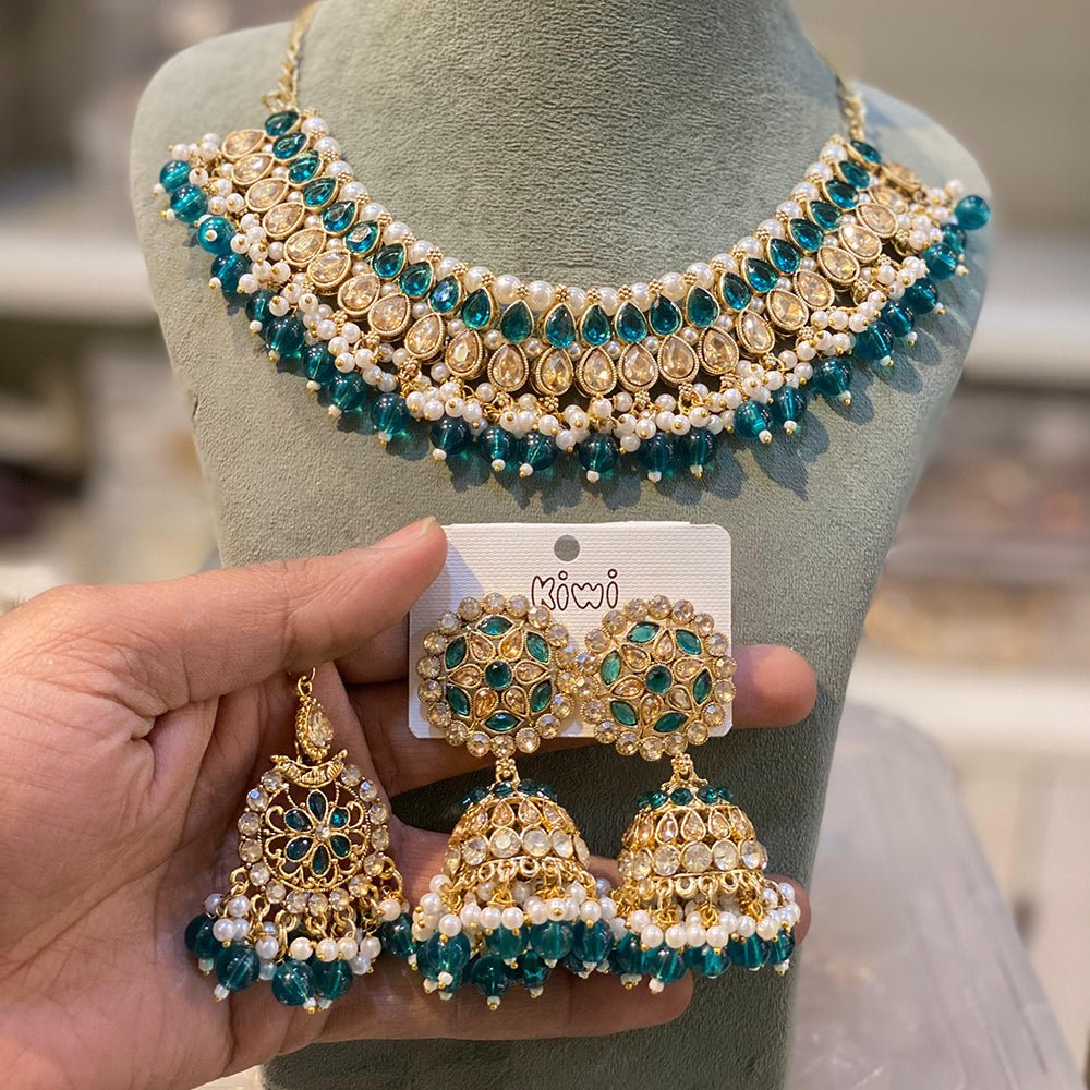 Hira Collections Gold Plated Crystal Stone And Pearls Choker Necklace Set