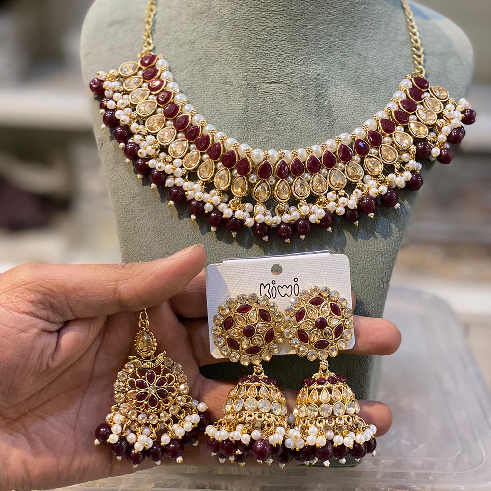 Hira Collections Gold Plated Crystal Stone And Pearls Choker Necklace Set