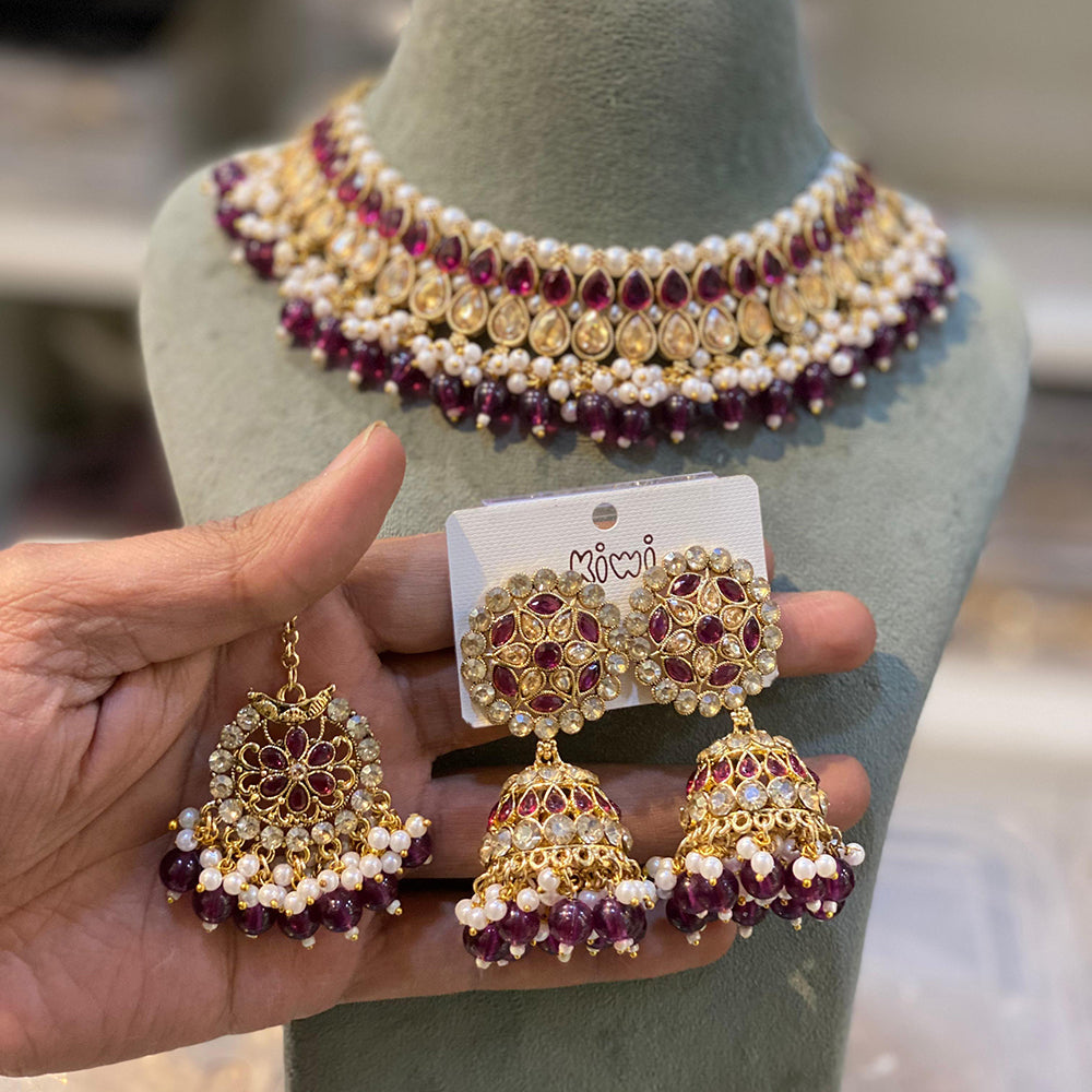 Hira Collections Gold Plated Crystal Stone And Pearls Choker Necklace Set