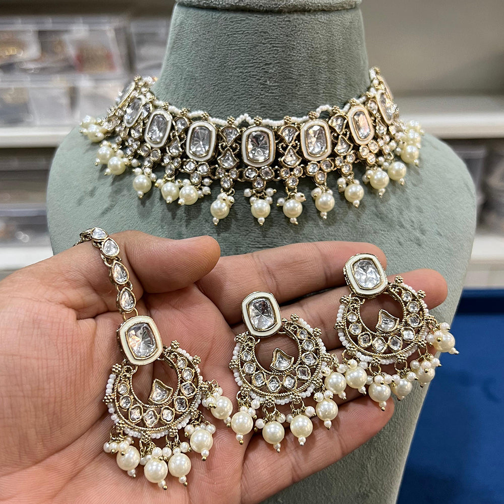 Hira Collections Gold Plated Kundan Stone And Pearls Choker Necklace Set