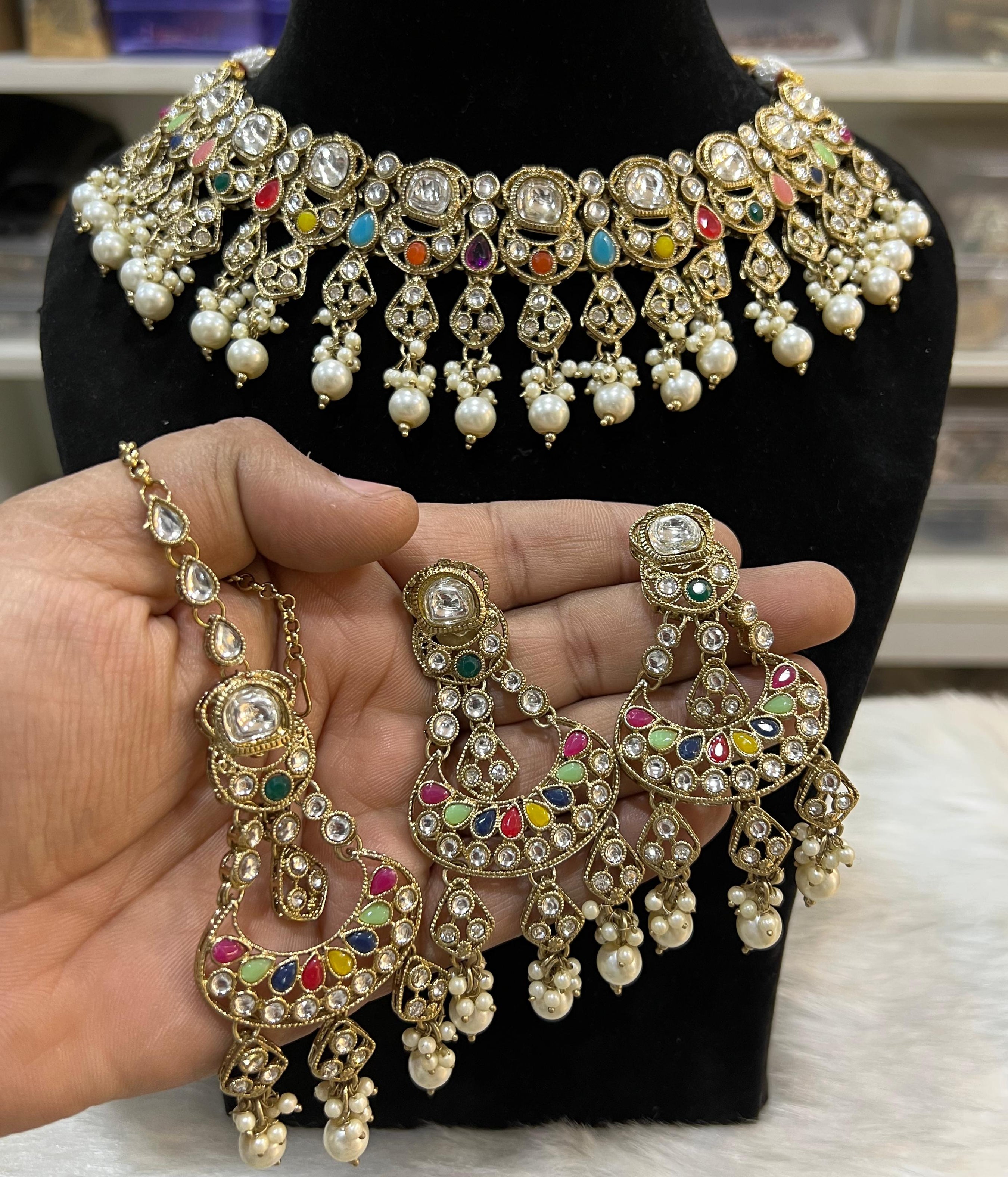Hira Collections Gold Plated Kundan Stone And Pearls Choker Necklace Set