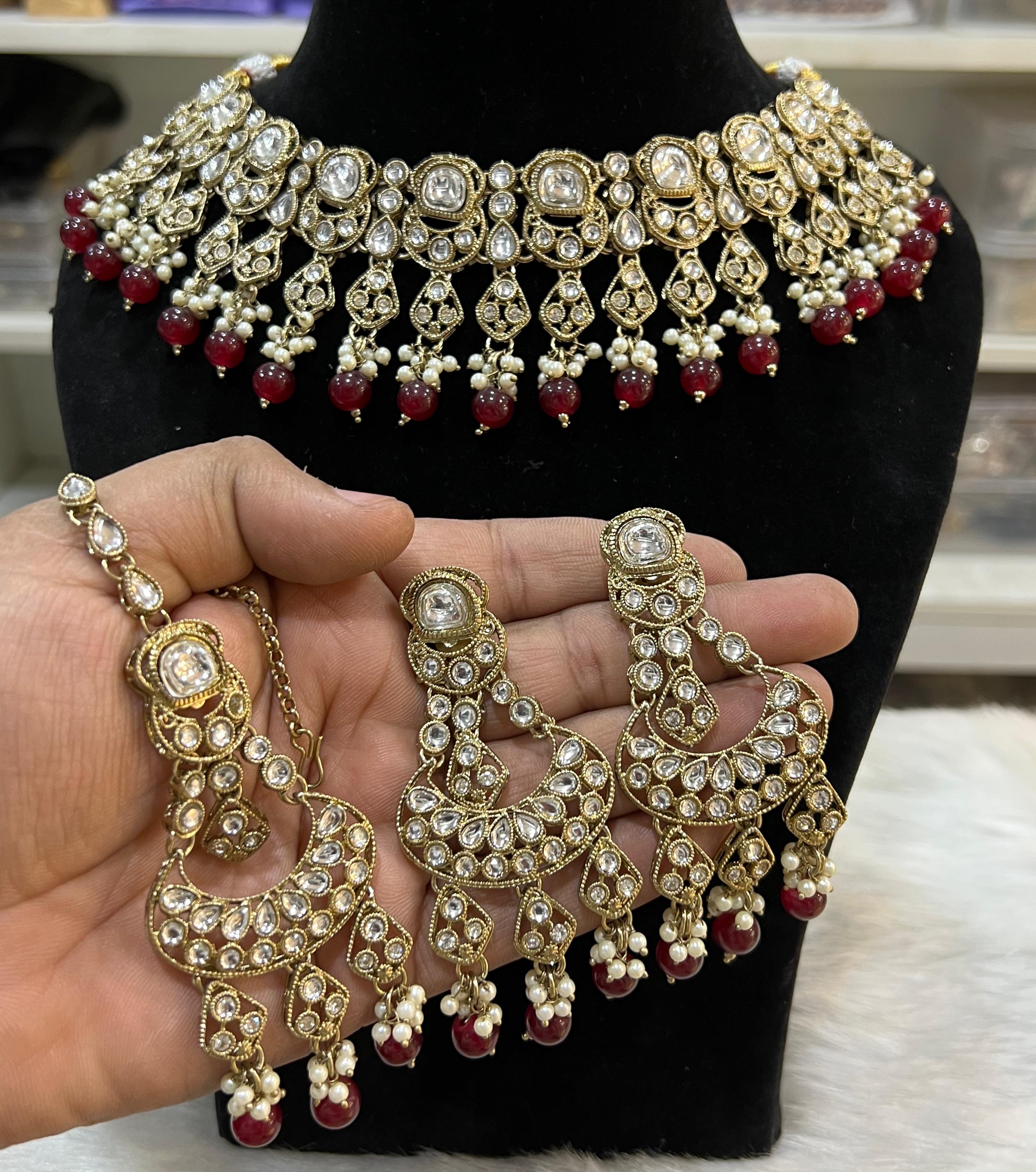 Hira Collections Gold Plated Kundan Stone And Pearls Choker Necklace Set
