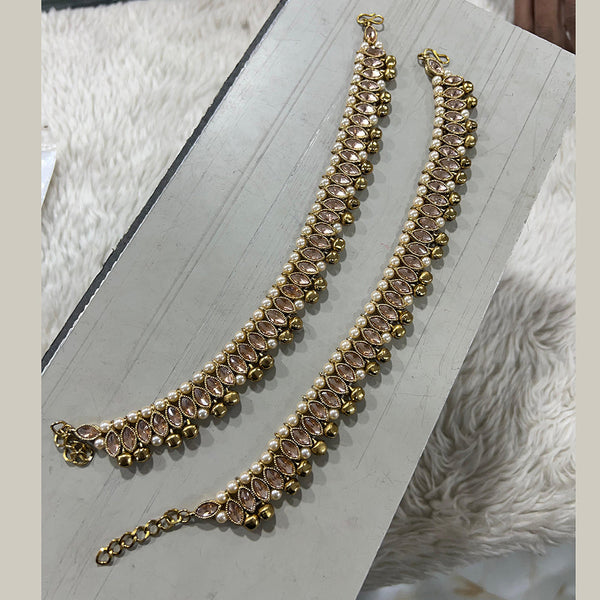 Hira Collections Gold Plated Crystal Stone Beads And Pearls Ghungroo Payal Anklets