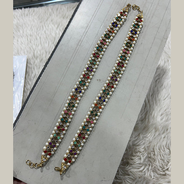 Hira Collections Gold Plated Kundan Stone Beads And Pearls Payal Anklets