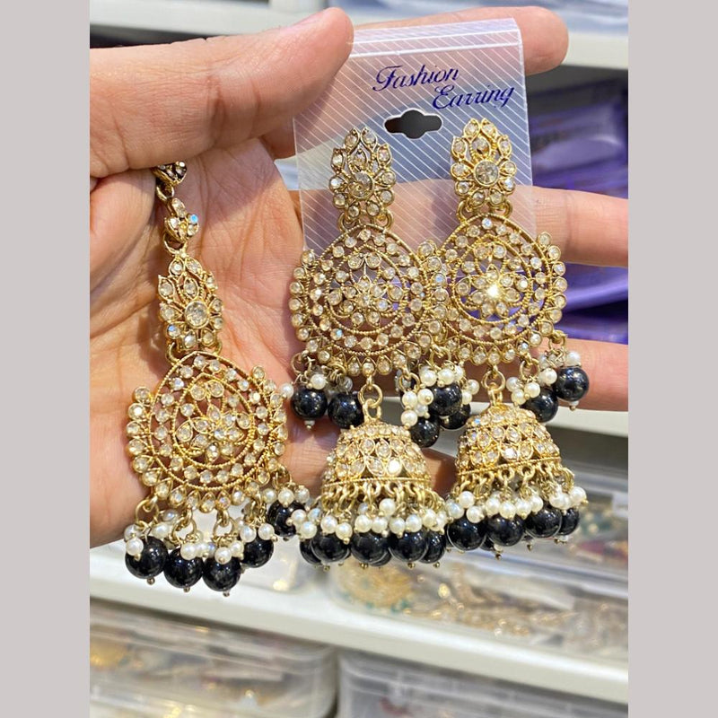 Hira Collections Gold Plated Crystal Stone And Pearls Jhumki Earrings With Maangtikka