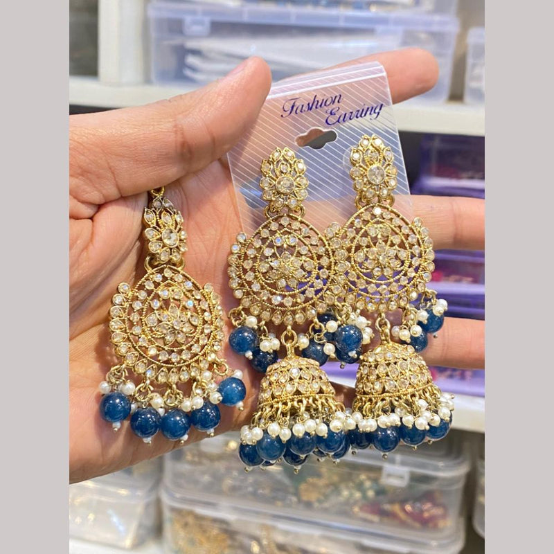 Hira Collections Gold Plated Crystal Stone And Pearls Jhumki Earrings With Maangtikka