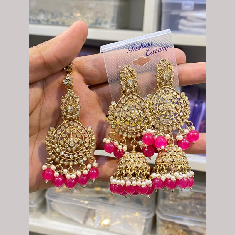 Hira Collections Gold Plated Crystal Stone And Pearls Jhumki Earrings With Maangtikka