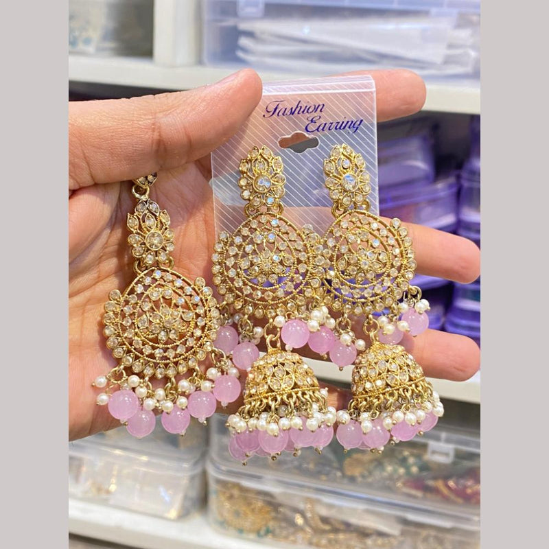 Hira Collections Gold Plated Crystal Stone And Pearls Jhumki Earrings With Maangtikka