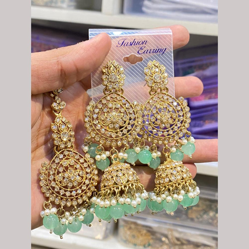 Hira Collections Gold Plated Crystal Stone And Pearls Jhumki Earrings With Maangtikka