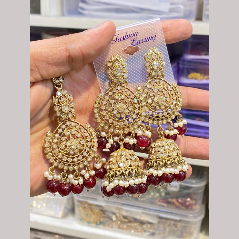 Hira Collections Gold Plated Crystal Stone And Pearls Jhumki Earrings With Maangtikka