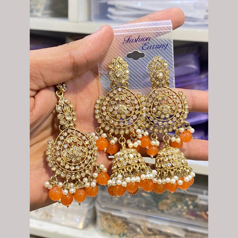 Hira Collections Gold Plated Crystal Stone And Pearls Jhumki Earrings With Maangtikka