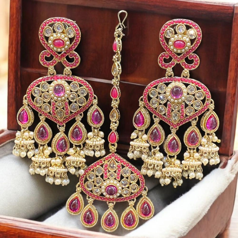 Hira Collections Gold Plated Crystal Stone And Pearls Jhumki Earrings With Maangtikka