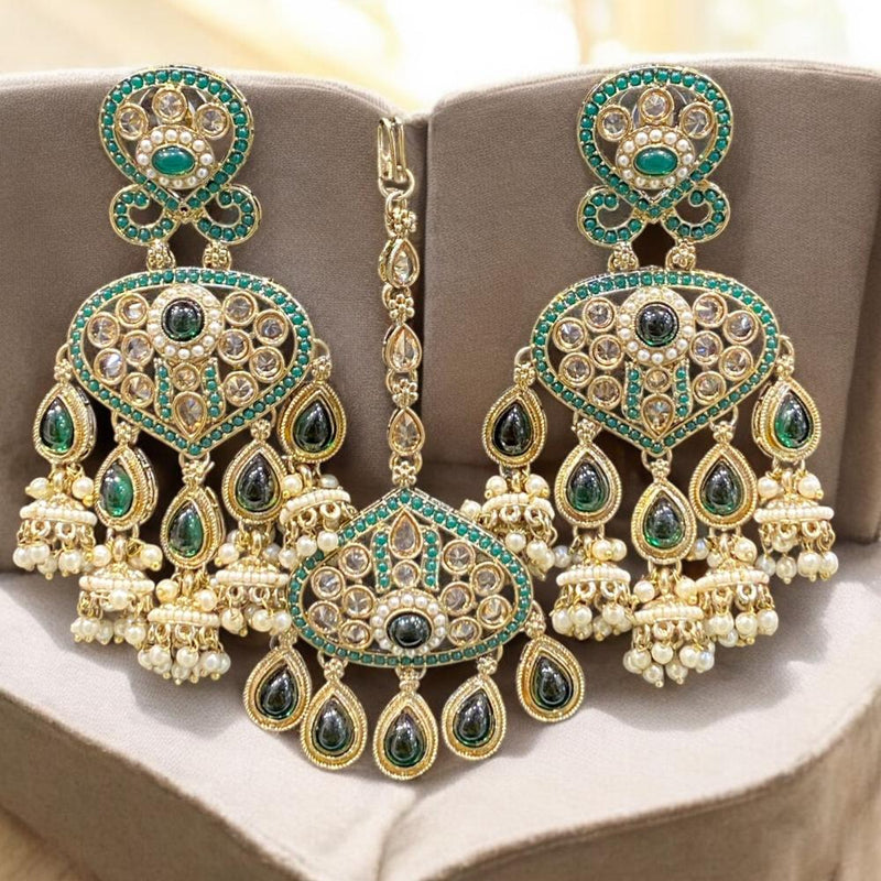 Hira Collections Gold Plated Crystal Stone And Pearls Jhumki Earrings With Maangtikka