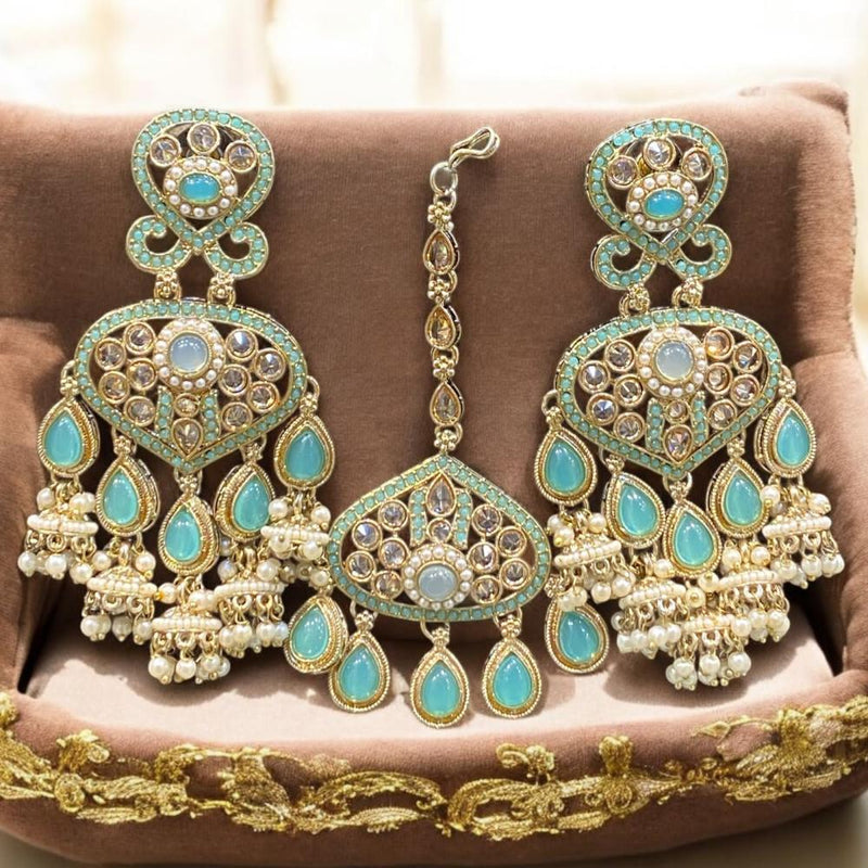 Hira Collections Gold Plated Crystal Stone And Pearls Jhumki Earrings With Maangtikka