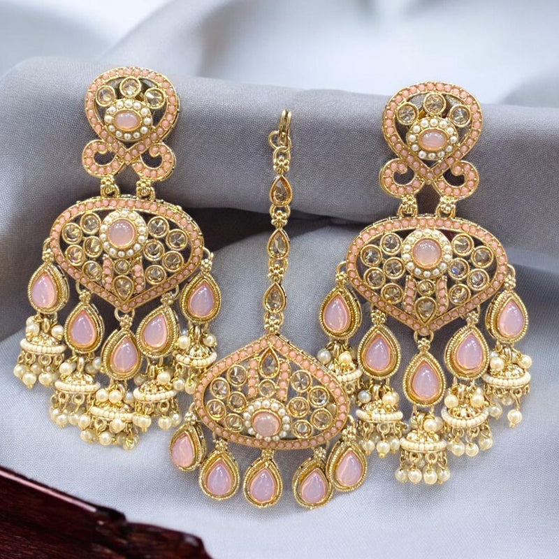 Hira Collections Gold Plated Crystal Stone And Pearls Jhumki Earrings With Maangtikka