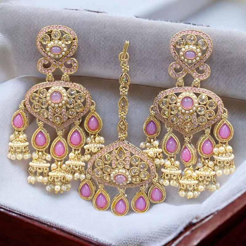 Hira Collections Gold Plated Crystal Stone And Pearls Jhumki Earrings With Maangtikka