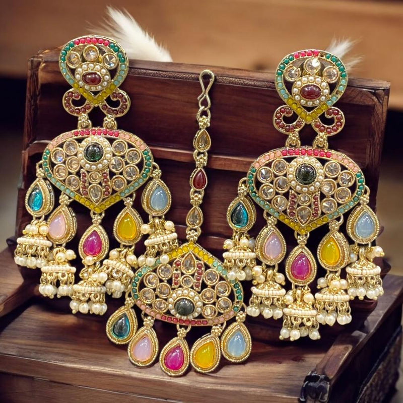 Hira Collections Gold Plated Crystal Stone And Pearls Jhumki Earrings With Maangtikka