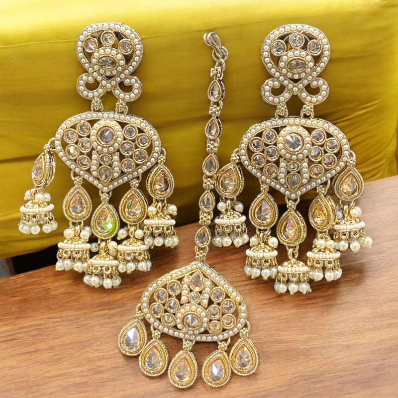 Hira Collections Gold Plated Crystal Stone And Pearls Jhumki Earrings With Maangtikka