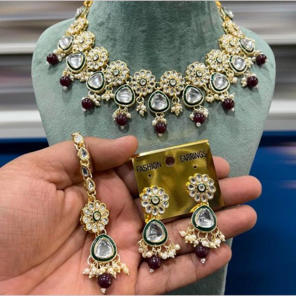 Hira Collection Gold Plated Kundan Stone And Beads Necklace Set