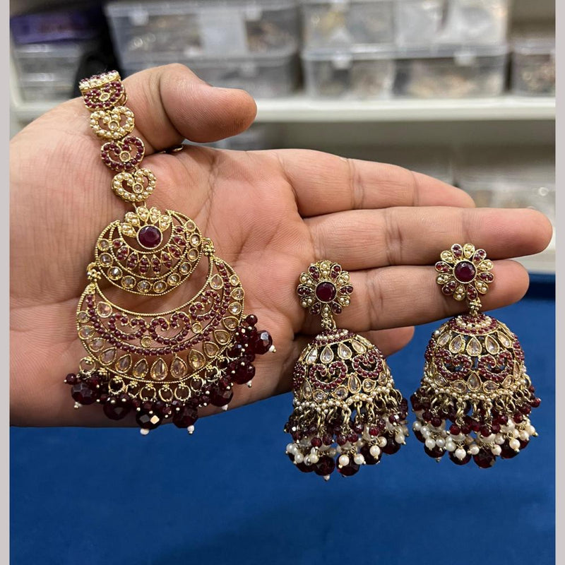 Hira Collections Gold Plated Crystal Stone And Pearls Jhumki Earrings With Maangtikka