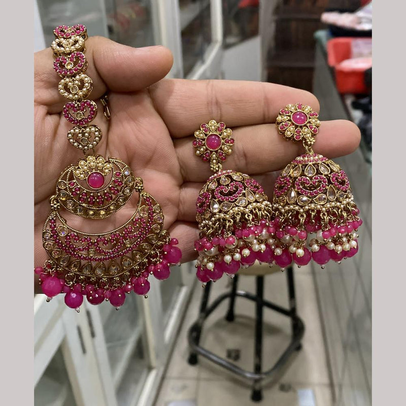 Hira Collections Gold Plated Crystal Stone And Pearls Jhumki Earrings With Maangtikka