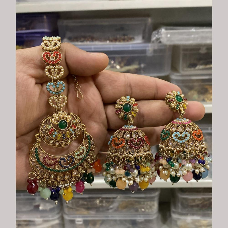 Hira Collections Gold Plated Crystal Stone And Pearls Jhumki Earrings With Maangtikka