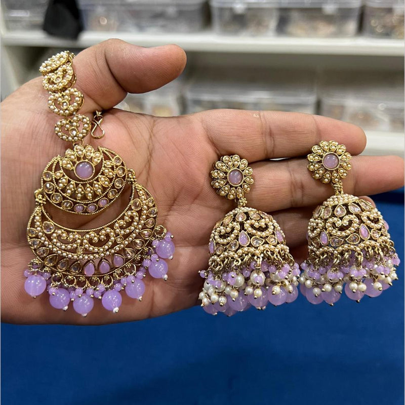 Hira Collections Gold Plated Crystal Stone And Pearls Jhumki Earrings With Maangtikka